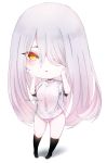  1girl black_legwear chibi hair_over_one_eye hands_on_own_cheeks hands_on_own_face highres kneehighs kyrie_meii long_hair looking_at_viewer original pale_skin panties pink_panties shirt silver_hair solo standing underwear very_long_hair white_shirt yellow_eyes 