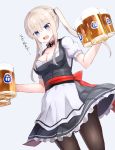  1girl alcohol alternate_costume apron bangs beer beer_mug black_dress blonde_hair blue_background blue_eyes blush bow breasts brown_legwear cleavage collar cowboy_shot dirndl dress dutch_angle eyebrows_visible_through_hair frilled_dress frills german_clothes graf_zeppelin_(kantai_collection) hair_tie highres holding iron_cross kantai_collection long_hair looking_down medium_breasts pantyhose red_bow sash short_sleeves sidelocks simple_background skirt solo standing sweat translated twintails waist_apron white_apron xenonstriker 