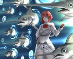  1girl ark_royal_(kantai_collection) blue_eyes bob_cut breasts cleavage commentary_request drie fate_(series) fingerless_gloves fish gate_of_babylon gloves hairband kantai_collection long_sleeves parody redhead ribbon short_hair small_breasts swordfish tiara 