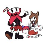  1boy 2girls :d animal_ears bangs black_footwear black_jacket blouse brown_hair commentary_request crossover cuphead cuphead_(game) disembodied_head drinking_straw eyebrows_visible_through_hair fat-feit hand_on_hip holding_brush imaizumi_kagerou jacket kneeling long_hair long_sleeves looking_at_another looking_at_viewer multiple_girls open_mouth pac-man_eyes paint_tube paintbrush palette parted_lips pleated_skirt red_eyes red_skirt seiza sekibanki shoes simple_background sitting skirt smile standing sweatdrop touhou white_background white_blouse wolf_ears yukkuri_shiteitte_ne 