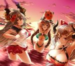  3girls :d aliza_(granblue_fantasy) arm_up armpits arms_up backlighting ball beachball bikini bikini_skirt bracelet braid breasts brown_hair carmelina_(granblue_fantasy) cleavage colored_eyelashes contrapposto cowboy_shot doraf erect_nipples flower gene_(gear_gene) granblue_fantasy green_bikini green_eyes grey_hair hair_flower hair_ornament halterneck highres horns jewelry large_breasts long_hair looking_at_viewer multiple_girls navel ocean off-shoulder_shirt open_mouth outdoors pointy_ears ponytail red_bikini red_eyes sailor_collar sailor_shirt sarasa_(granblue_fantasy) see-through shirt side-tie_bikini silver_hair smile sunset swimsuit twilight twin_braids twisted_torso very_long_hair wading 