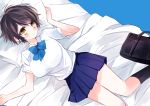  1girl amesawa_mokke bag bangs blouse blue_background blue_skirt blush breasts closed_mouth eyebrows_visible_through_hair kneehighs large_breasts lying on_back on_bed original pleated_skirt school_bag school_uniform short_hair sidelocks simple_background skirt solo tareme thighs white_blouse 