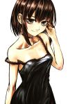  1girl bangs bare_arms bare_shoulders black_dress black_neckwear blush breasts brown_hair choker closed_mouth collarbone commentary_request dress eyebrows_visible_through_hair grey_eyes hand_in_hair highres kotoba_noriaki looking_at_viewer nightgown off_shoulder original short_hair simple_background small_breasts smile solo upper_body white_background 