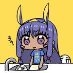  1girl alternate_costume bangs blue_shirt casual chan_co chibi closed_mouth clothes_writing dark_skin dishwashing earrings eyebrows_visible_through_hair facial_mark fate/grand_order fate_(series) frown hair_tubes hairband hoop_earrings jackal_ears jewelry long_hair medjed nitocris_(fate/grand_order) purple_hair shirt short_sleeves simple_background sink standing tearing_up tears violet_eyes yellow_background 