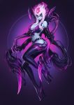  1girl absurdres bare_shoulders blue_skin breasts cleavage drogod evelynn fingernails full_body high_heels highres hips league_of_legends lipstick looking_at_viewer makeup navel purple_lipstick scythe sharp_fingernails slit_pupils smile solo white_hair 