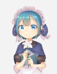  1boy blue_eyes blue_hair blush closed_mouth eyebrows_visible_through_hair flower highres holding holding_flower looking_at_viewer made_in_abyss maid_headdress maruruk pdnt puffy_short_sleeves puffy_sleeves short_hair short_sleeves smile solo trap upper_body whistle 