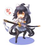  1girl azur_lane bangs black_hair black_legwear bow breasts brown_eyes buttons chibi commentary_request gloves hair_bow holding holding_sword holding_weapon long_hair long_sleeves looking_at_viewer military military_uniform open_mouth pantyhose ponytail sima_naoteng simple_background skirt solo sword takao_(azur_lane) uniform very_long_hair weapon white_gloves 