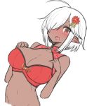  1girl ahoge antenna_hair blush bra breasts cleavage cleavage_cutout commentary_request dark_skin elf embarrassed fang hair_ornament hair_over_one_eye large_breasts looking_at_viewer malice_stella one_eye_closed open_mouth pointy_ears red_bra red_eyes simple_background solo underwear upper_body white_background white_hair 