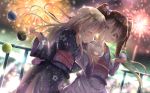  2girls alternate_costume bangs blonde_hair blurry blush bokeh bow brown_eyes brown_hair closed_eyes commentary_request cotton_candy depth_of_field dutch_angle eating eyebrows_visible_through_hair fence festival fireworks flat_chest floral_print food hair_bow highres holding holding_food ice_cream japanese_clothes kantai_collection kimono libeccio_(kantai_collection) long_hair long_sleeves looking_at_viewer mouth_hold multiple_girls na!?_(naxtuyasai) night night_sky obi outdoors profile ro-500_(kantai_collection) sash sharing_food side-by-side sky star_(sky) twintails wide_sleeves yukata 