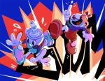  2boys cuphead cuphead_(game) explosion flying_sweatdrops gloves index_finger_raised male_focus modmad mugman multiple_boys open_mouth outstretched_arms shorts smile sound_effects white_gloves 