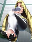  1girl absurdres bare_shoulders blonde_hair blush breasts crossed_arms green_eyes high_heels highres large_breasts leg_lift long_hair looking_down lusamine_(pokemon) mature milf open_mouth pokemon pokemon_(game) pokemon_sm smile solo tama_(tamakaka1031) thighs very_long_hair 