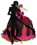  1boy 1girl black_hair brown_hair commentary_request cosplay couple domino_mask dress gloves gown kurusu_akira long_coat mask milady_(persona) milady_(persona)_(cosplay) okumura_haru persona persona_5 red_gloves sutei_(giru) traditional_media 