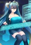  1girl bangs blazer blue_dress blue_eyes blue_hair breasts cleavage dress hair_between_eyes haruno_suzune jacket keyboard large_breasts league_of_legends long_hair looking_at_viewer pink_lips screen sitting smile solo sona_buvelle strapless strapless_dress thigh-highs twintails very_long_hair 