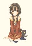  1girl absurdres belt brown_eyes brown_hair cat chomusuke collar highres kono_subarashii_sekai_ni_shukufuku_wo! looking_at_viewer megumin off_shoulder short_hair_with_long_locks simple_background sitting solo wariza yuno_(suke_yuno) 