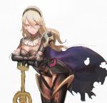  1girl alternate_costume armor blonde_hair breasts cape cleavage cravat female_my_unit_(fire_emblem_if) fire_emblem fire_emblem_if hairband kokutan_kitsunen leaning_forward looking_at_viewer my_unit_(fire_emblem_if) pointy_ears simple_background sketch smile solo sword thigh-highs torn_cape weapon 