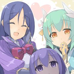  3girls aqua_hair assassin_(fate/prototype_fragments) bangs bare_shoulders blush bodysuit breasts closed_eyes dark_skin eyebrows_visible_through_hair fate/grand_order fate/prototype fate/prototype:_fragments_of_blue_and_silver fate_(series) fingerless_gloves gloves hairband horns japanese_clothes kimono kiyohime_(fate/grand_order) large_breasts long_hair looking_at_viewer minamoto_no_raikou_(fate/grand_order) multiple_girls open_mouth purple_hair sasakura short_hair smile very_long_hair violet_eyes yellow_eyes 