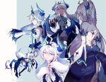  1girl ahoge bare_shoulders blue_eyes body_markings braid closed_eyes demon_tail demon_wings detached_sleeves elsword evil_grin evil_smile grin hand_on_own_face highres horns luciela_r._sourcream mellchi noblesse_(elsword) ribbon smile symbol-shaped_pupils tail thigh-highs tiara twintails white_hair wings 