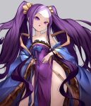  1girl :q bangs bare_shoulders closed_mouth commentary_request contrapposto cowboy_shot dress fate/grand_order fate_(series) grey_background japanese_clothes legs long_hair long_sleeves looking_at_viewer parted_bangs pelvic_curtain purple_dress purple_hair quad_tails simple_background sleeves_past_wrists smile solo soya_(torga) standing tongue tongue_out very_long_hair violet_eyes wide_sleeves wu_zetian_(fate/grand_order) 