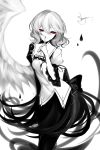  1girl absurdres artist_name black_legwear dress finger_to_mouth highres kishin_sagume limited_palette looking_at_viewer puffy_short_sleeves puffy_sleeves red_eyes sheya short_sleeves single_wing smile spot_color touhou white_hair wings 
