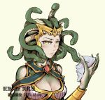  1girl absurdres beige_background breasts cleavage dated gorgon green_skin highres kuangwang_heiye mask mask_removed medusa_(smite) scales simple_background slit_pupils smite snake snake_hair solo tiara upper_body yellow_eyes 