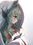  1girl animal_ears bangs curly_hair gradient gradient_background green_eyes green_hair grey_background hands_in_sleeves hood horn komano_aun long_hair long_sleeves looking_down piyokichi profile red_shirt shirt solo touhou white_background 