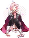  1boy androgynous black_bow bow braid cape fang fate/apocrypha fate/grand_order fate_(series) garter_straps hair_ribbon hiiragi_mina male_focus multicolored_hair open_mouth pink_hair ribbon rider_of_black single_braid smile solo streaked_hair trap 