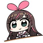  1girl a.i._channel bangs blue_eyes blush_stickers bow brown_hair chan_co chibi closed_mouth commentary eyebrows_visible_through_hair hair_bow hairband kizuna_ai long_hair looking_at_viewer neck_ribbon pink_bow ribbon sailor_collar shirt simple_background smile solo white_background white_shirt 