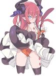 1girl argyle armor ass bangs bare_shoulders bikini_armor black_legwear blade_(galaxist) blue_eyes blush breasts cowboy_shot dragon_girl dragon_tail elizabeth_bathory_(brave)_(fate) eyebrows_visible_through_hair fate/grand_order fate_(series) frilled_skirt frills from_behind holding_own_tail holding_tail horn_ornament lancer_(fate/extra_ccc) lifted_by_self long_hair looking_at_viewer looking_back loose_clothes pink_hair pointy_ears simple_background skindentation skirt skirt_lift small_breasts solo standing tail tail_raised thigh-highs white_background