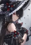  1girl abstract_background animal bare_shoulders black_cat black_gloves black_hair cat choker from_side gloves hat highres holding holding_animal holding_cat lace lace_gloves long_hair looking_at_viewer original plus1024 red_eyes smile solo witch_hat 
