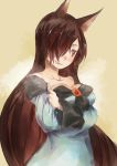  1girl animal_ears breasts brown_hair cleavage crossed_arms dress hair_over_one_eye imaizumi_kagerou large_breasts red_eyes solo touhou wolf_ears yohane 