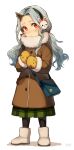 1girl ankle_boots artist_name badge bag black_socks blue_bag blue_hair blush boku_no_hero_academia boots bright_pupils brown_coat bunny_earmuffs bunny_headphones button_badge buttons closed_mouth coat commentary_request earmuffs eri_(boku_no_hero_academia) female_child full_body fur-trimmed_coat fur-trimmed_sleeves fur_collar fur_trim green_skirt grey_footwear hair_tie head_tilt headphones highres holding_strap horns light_blue_hair light_frown long_hair long_sleeves looking_at_viewer low_twintails mittens nose_blush parted_hair plaid plaid_skirt pocket red_eyes satchel shoulder_bag sidelocks sideways_glance simple_background single_horn skirt socks solo standing twintails wavy_hair white_background white_pupils winter_clothes winter_coat yellow_mittens yukibi_(ykb)