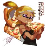  1boy artist_name black_shirt blonde_hair closed_mouth cropped_torso dark_skin domino_mask eating english food holding holding_food inkling isamu-ki_(yuuki) male_focus mask mouth_hold pizza pointy_ears scrunchie shirt short_hair signature solo splatoon standing strap_slip tank_top topknot upper_body violet_eyes white_background 