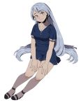  1girl blue_dress blue_eyes blue_hair boku_no_hero_academia dress full_body hadou_nejire head_tilt invisible_chair long_hair looking_at_viewer pleated_dress simple_background sitting smile solo strawberryjamm very_long_hair 