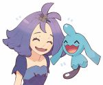  1girl :3 acerola_(pokemon) closed_eyes elite_four flipped_hair gojya hair_ornament open_mouth pokemon pokemon_(creature) pokemon_(game) pokemon_sm purple_hair short_hair short_sleeves simple_background stitches trial_captain white_background wynaut 