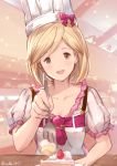  1girl apron blonde_hair blush blush_stickers brown_eyes cake chef_hat collarbone colored commentary djeeta_(granblue_fantasy) food fork frills fruit granblue_fantasy hat looking_at_viewer milli_little open_mouth plate puffy_short_sleeves puffy_sleeves ribbon short_hair short_sleeves smile strawberry twitter_username 