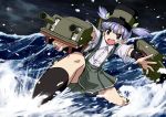  &gt;:o 1girl :o arm_warmers black_legwear commentary grey_skirt hat highres kantai_collection kneehighs mizumoto_tadashi ooshio_(kantai_collection) pleated_skirt purple_hair shirt short_hair short_sleeves short_twintails skirt smokestack solo suspenders turret twintails white_shirt 