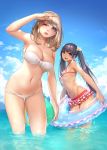  2girls absurdres arm_up armpits ball bandeau bangs bare_shoulders beachball bikini bikini_skirt black_hair blonde_hair blue_eyes blue_sky breasts brown_eyes cleavage clouds collarbone commentary day eyebrows_visible_through_hair fang hair_ornament highres holding innertube large_breasts lips long_hair looking_at_viewer masami_chie multiple_girls navel one_eye_closed open_mouth original outdoors parted_lips partially_submerged sky small_breasts smile striped striped_bikini swimsuit tan tanline twintails water wet 