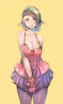  1girl bare_shoulders bow_(bhp) breasts cleavage collarbone dress gloves green_hair large_breasts pantyhose pointy_ears short_hair skirt spaghetti_strap 