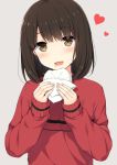  1girl :d bangs baozi blush brown_eyes brown_hair commentary_request eyebrows_visible_through_hair fingernails food food_on_face grey_background head_tilt heart holding holding_food long_sleeves looking_at_viewer nakamura_sumikage open_mouth original red_sweater short_hair simple_background sleeves_past_wrists smile solo tareme upper_body wrapper 