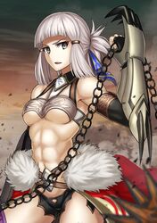  1girl abs bandeau bangs bare_shoulders belt black_gloves blue_ribbon blunt_bangs blurry breasts brown_belt cape chains claw_(weapon) clouds commentary_request cowboy_shot debris depth_of_field dust elbow_gloves fate/grand_order fate_(series) fingerless_gloves fur-trimmed_cape fur_trim gloves gradient_sky grey_eyes grey_hair hair_ribbon halterneck hand_up holding kotera_ryou looking_at_viewer looking_to_the_side medium_breasts navel open_mouth penthesilea_(fate/grand_order) red_cape ribbon serious short_hair sidelocks sky solo standing toned under_boob waist_cape weapon wing_collar 