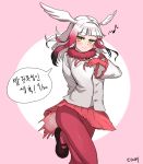  1girl artist_name bangs banned_artist black_hair blunt_bangs blush buttons dungbae eyebrows_visible_through_hair floating_hair frilled_sleeves frills fur_collar gloves hand_on_own_chest head_wings highres japanese_crested_ibis_(kemono_friends) kemono_friends korean leg_up long_hair long_sleeves looking_at_viewer miniskirt multicolored_hair musical_note pantyhose pleated_skirt quaver red_fur red_gloves red_legwear red_skirt redhead shirt signature skirt smile solo speech_bubble tail_feathers white_hair white_shirt wide_sleeves yellow_eyes 