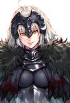  1girl ahoge fate_(series) fur_trim headpiece jeanne_alter looking_at_viewer makimura_shunsuke ruler_(fate/apocrypha) short_hair silver_hair simple_background solo upper_body yellow_eyes 