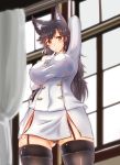  1girl animal_ears atago_(azur_lane) azur_lane black_hair black_legwear blush breasts brown_eyes closed_mouth curtains day erect_nipples eyebrows_visible_through_hair finger_to_mouth fujikusa garter_straps gloves gluteal_fold highres impossible_clothes indoors jacket large_breasts long_hair long_sleeves looking_at_viewer military military_uniform naval_uniform skirt solo standing thigh-highs uniform upper_body white_gloves white_jacket white_skirt window 