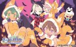  &gt;_&lt; 1boy 3girls animal_costume bat blade_(galaxist) blonde_hair blush brown_hair cat copyright copyright_name dark_skin dwarf elf erik_burton fang farfalia ghost_costume green_eyes green_hair halloween hannah_blaze highres multiple_girls official_art paw_pose plaid plaid_shirt pointy_ears pop-up_story shiroe_adele shirt square_enix violet_eyes wallpaper wolf_costume wolf_hood ymir_paaya 