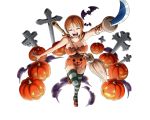  1girl arm_up bodskih bracelet breasts brown_hair cleavage closed_eyes dress full_body halloween_costume holding holding_sword holding_weapon jewelry large_breasts mary_janes nami_(one_piece) one_leg_raised one_piece open_mouth orange_dress pumpkin red_shoes shoes short_dress short_hair_with_long_locks sidelocks sleeveless sleeveless_dress smile solo standing standing_on_one_leg strapless strapless_dress striped striped_legwear sword thigh-highs transparent_background weapon 