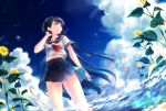  1girl bangs black_hair blue_skirt dutch_angle eyebrows_visible_through_hair fish floating_hair flower goldfish hand_up kyara36 long_hair looking_to_the_side neckerchief ocean original outdoors parted_lips pleated_skirt red_neckerchief school_uniform serafuku shochuumimai short_sleeves skirt solo standing summer sunflower thighs very_long_hair wading wind 