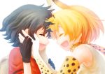  2girls animal_ears black_hair blonde_hair closed_eyes elbow_gloves face-to-face forehead-to-forehead gloves hand_holding hands_on_another&#039;s_cheeks hands_on_another&#039;s_face inukoro_(spa) kaban_(kemono_friends) kemono_friends multiple_girls neck_ribbon open_mouth ribbon serval_(kemono_friends) serval_ears serval_print short_hair smile white_background 