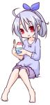  1girl :3 ahoge alternate_hairstyle barefoot blue_shirt blush bow closed_mouth collarbone commentary_request eyebrows_visible_through_hair full_body hair_between_eyes hair_bow head_tilt holding holding_spoon hono knees_together_feet_apart looking_at_viewer official_art ponytail purple_bow purple_shorts red_eyes shaved_ice shirt shorts silver_hair simple_background sitting solo suguri suguri_(character) white_background 
