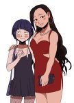  2girls alternate_hairstyle asymmetrical_bangs bag bangs bare_shoulders black_dress blunt_bangs blush boku_no_hero_academia breasts brown_eyes brown_hair choker cleavage closed_mouth cowboy_shot dress earrings fishnets hand_on_another&#039;s_hip hand_on_another&#039;s_shoulder handbag hoop_earrings jewelry jirou_kyouka long_hair looking_away multiple_girls necklace parted_lips pearl_necklace purple_hair red_dress short_hair strawberryjamm very_long_hair wavy_hair wavy_mouth white_background yaoyorozu_momo yuri 