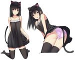  1girl animal_ears ass bare_shoulders black_hair black_legwear blush breasts brown_eyes cat_ears cat_tail collarbone commentary covering covering_crotch dress embarrassed eyebrows_visible_through_hair fake_animal_ears kneeling kureha_(ironika) long_hair looking_at_viewer looking_back multiple_views open_mouth original panties parted_lips pink_panties skirt_hold small_breasts tail thigh-highs underwear white_background 